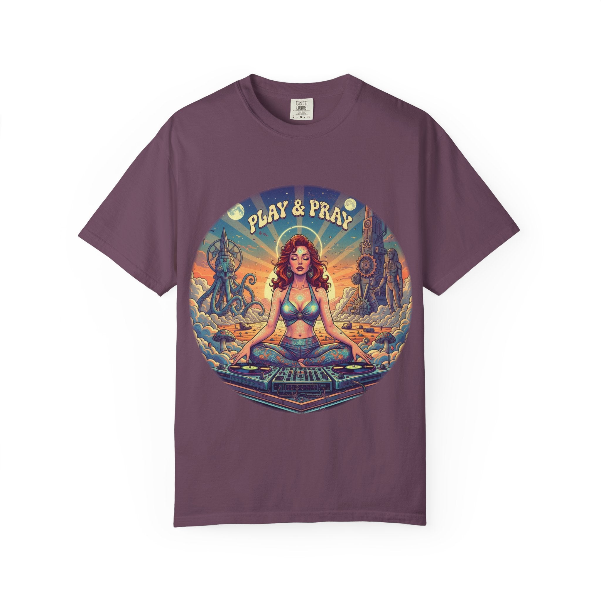 Play & Pray Vintage Pinup DJ Tee - Retro Spiritual Rave & Festival Graphic T-Shirt