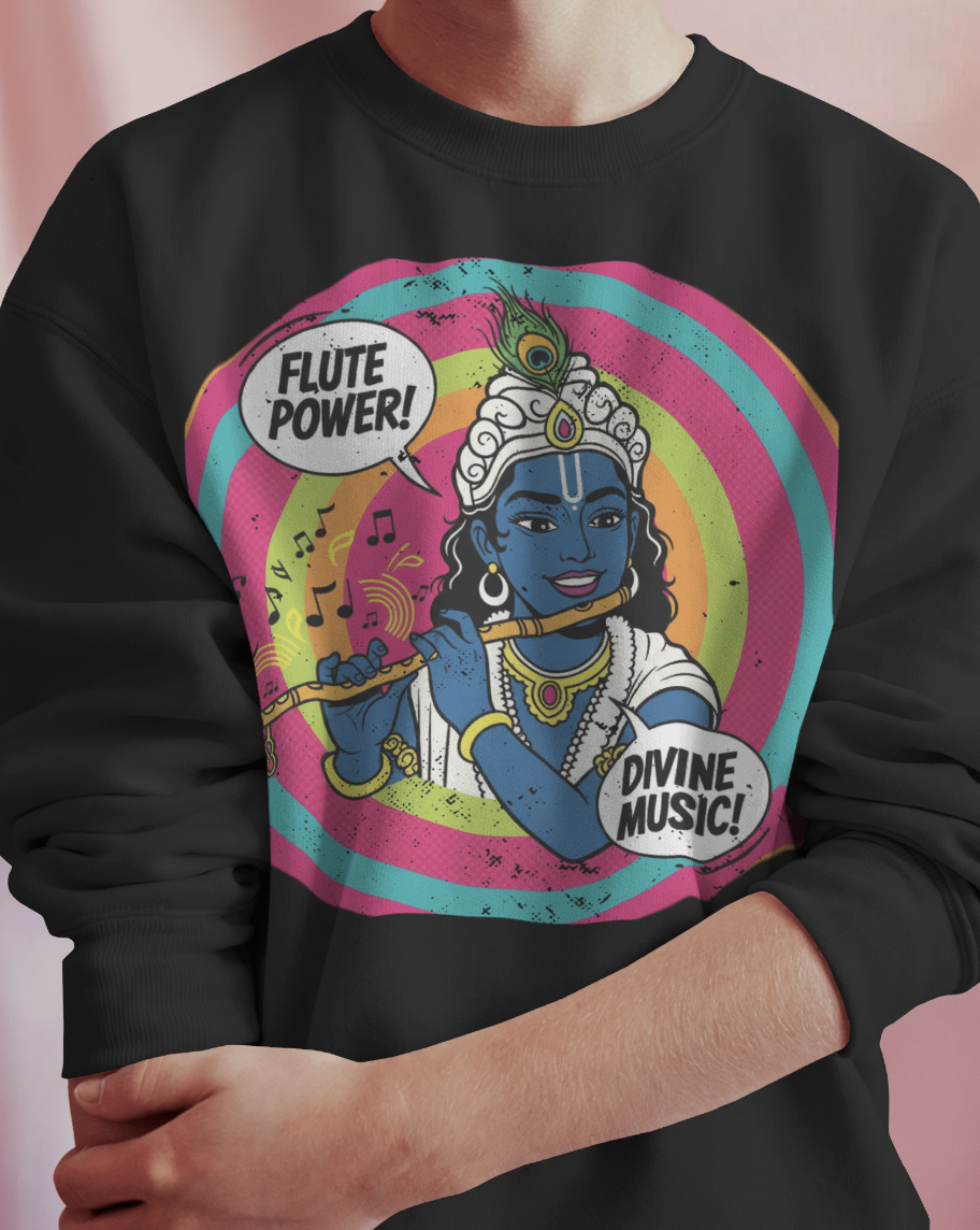 Flute Power Krishna Pop Art Sweatshirt – Retro Divine Music Psychedelic Pullover