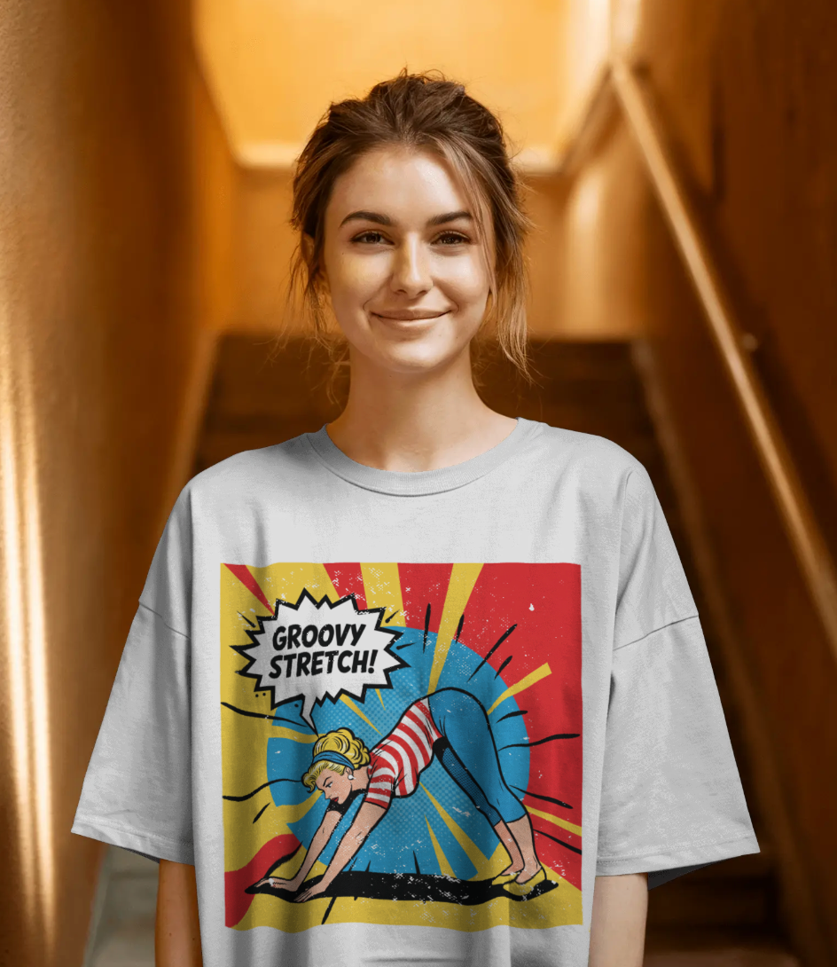 Retro Pop Art Yoga T-Shirt – Vintage Pinup Girl "Groovy Stretch" Graphic Tee