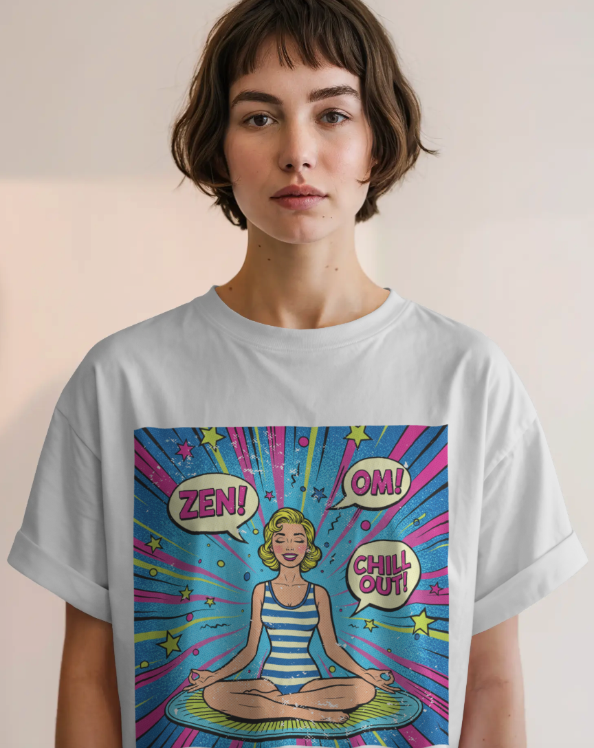 Vintage Zen Pop Art Yoga T-Shirt – Retro Comic Style "Chill Out" Pinup Graphic Tee