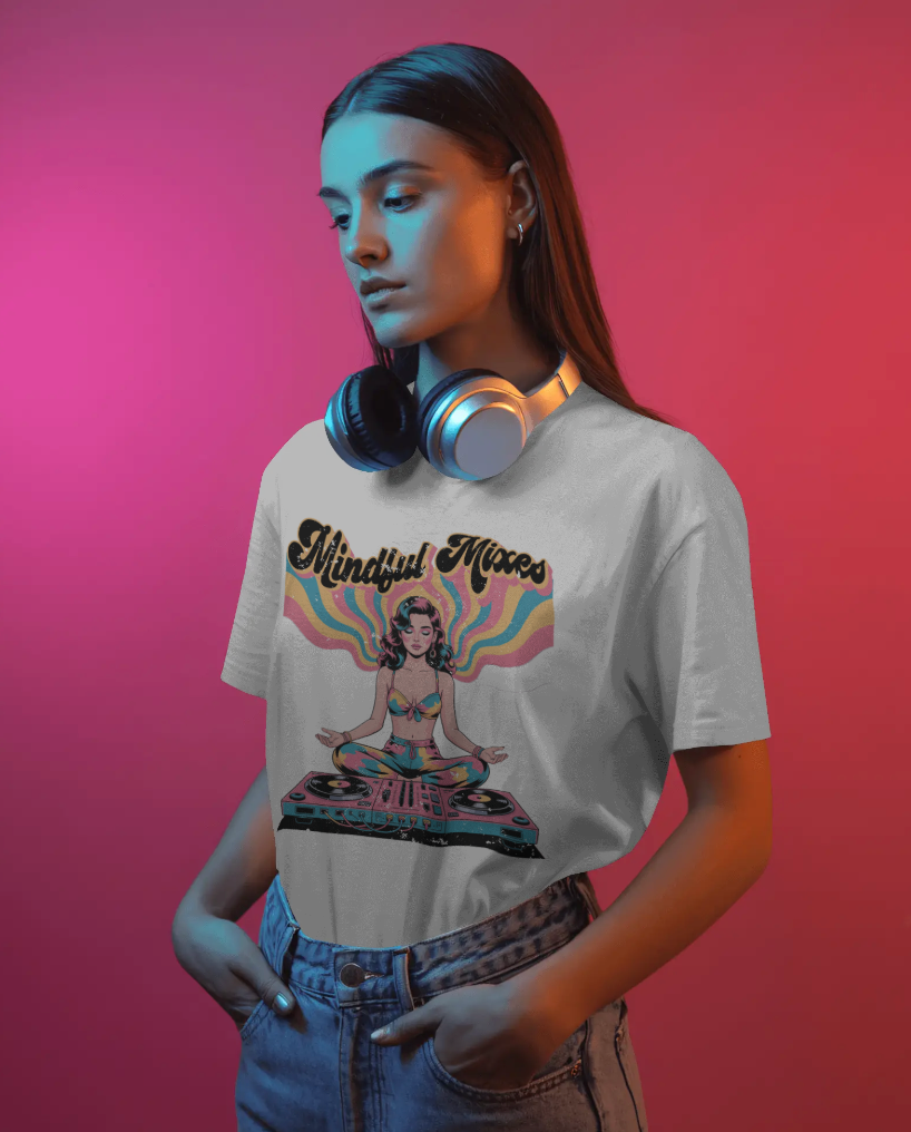 Mindful Mixes Retro DJ T-Shirt – Psychedelic Pinup Meditating Graphic Tee