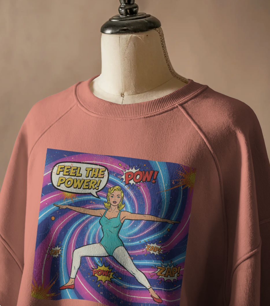 Retro Comic Yoga Sweatshirt – Vintage Pop Art Warrior Pose "Feel The Power" Pullover