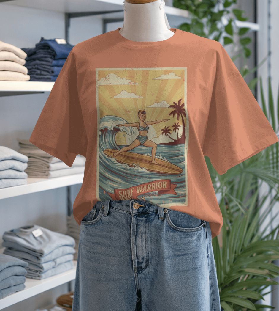 Surf Warrior Vintage T-Shirt – Retro Beach Yoga Warrior Pose Graphic Tee