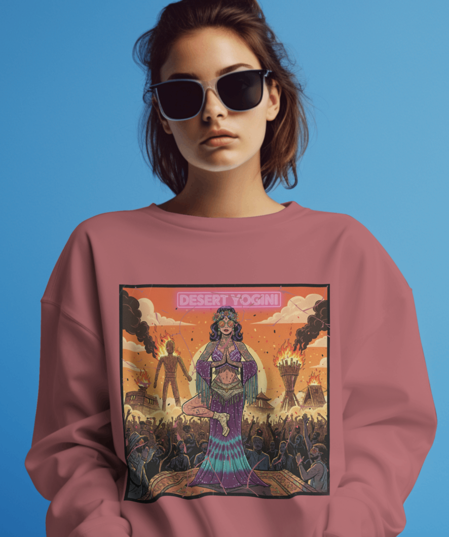Desert Yogini Retro Sweatshirt – Vintage Festival Style Yoga Pullover – Boho Comic Art Graphic Tee
