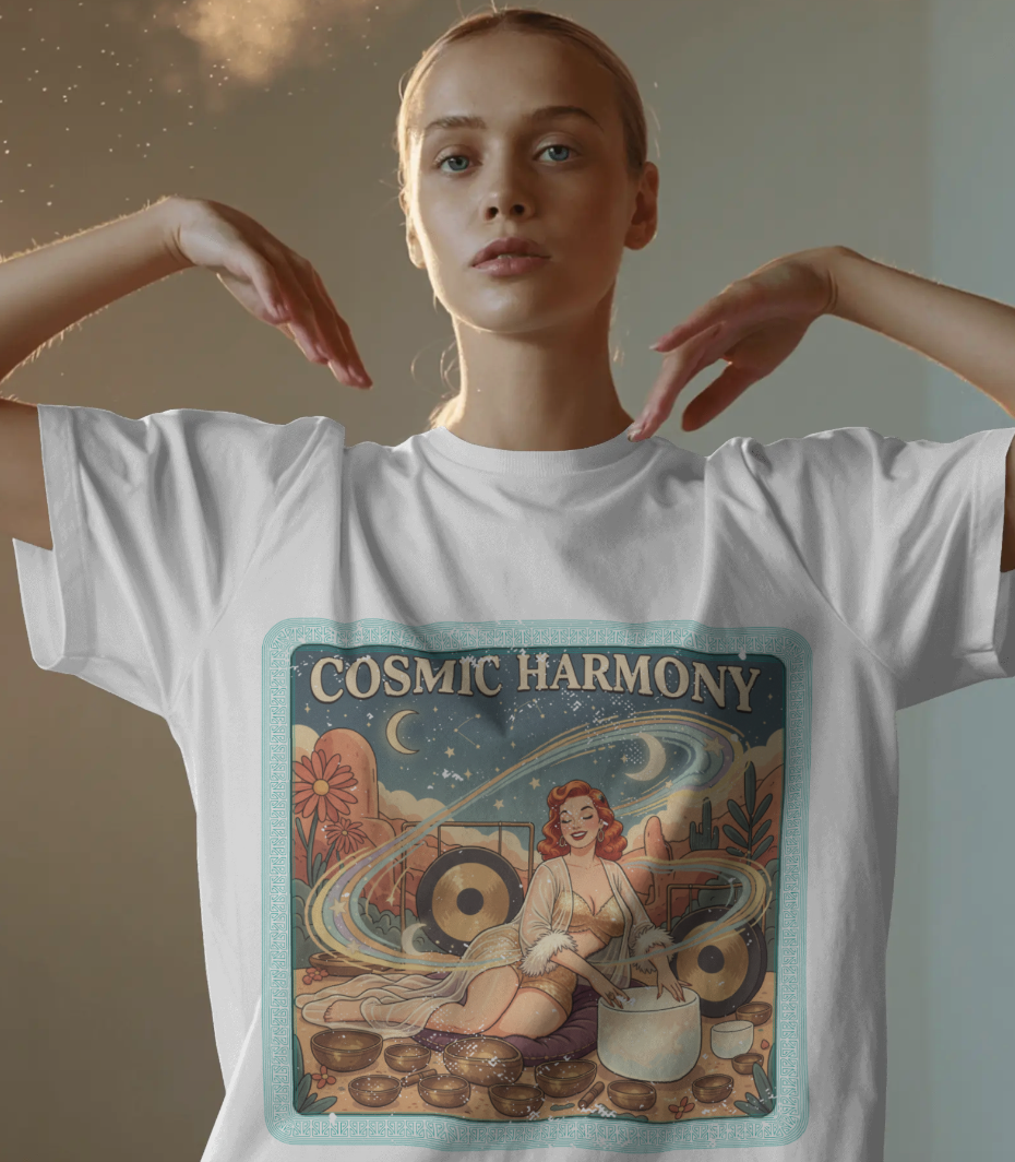 Cosmic Harmony Vintage T-Shirt – Retro Sound Healing Crystal Bowl Graphic Tee