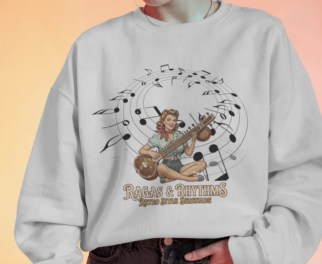 Ragas & Rhythms Retro Sweatshirt – Vintage Sitar Serenade Graphic Pullover