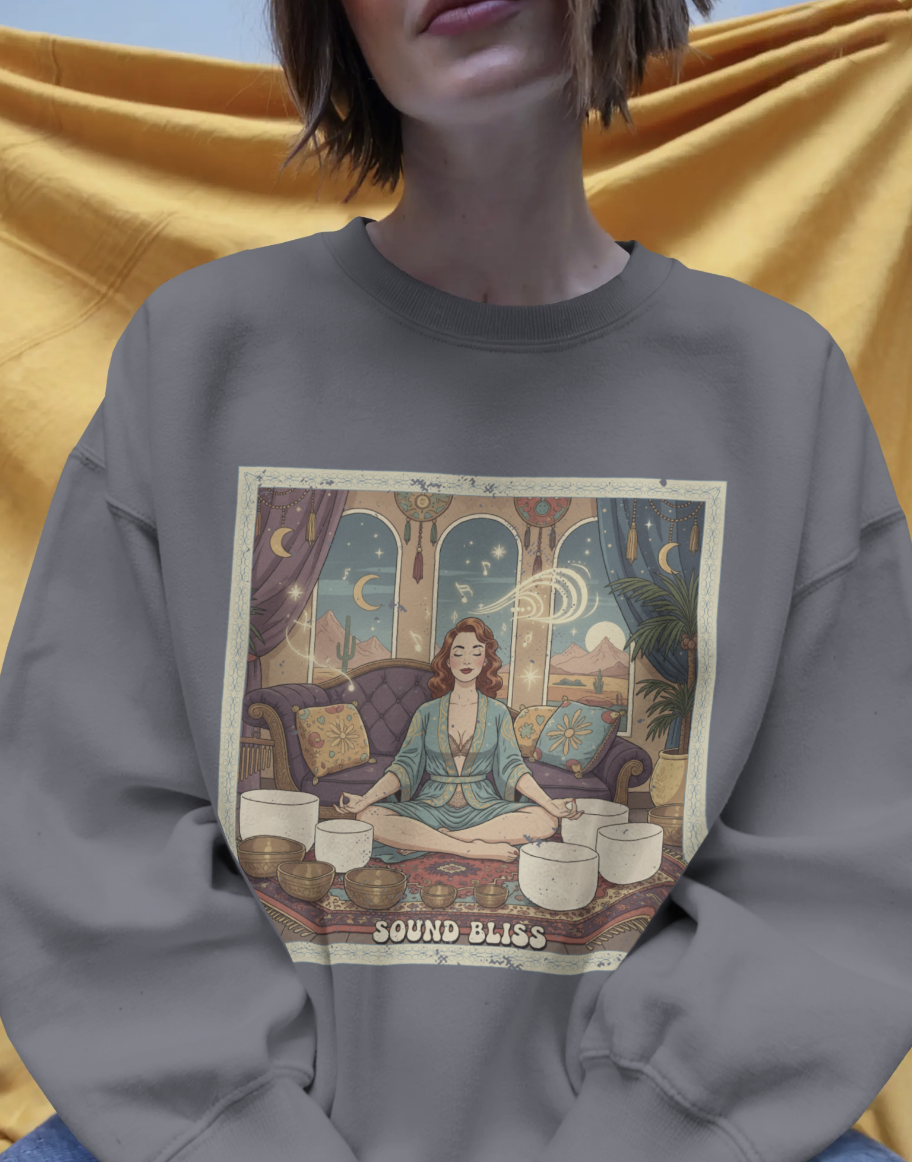 Sound Bliss Retro Sweatshirt – Vintage Sound Healing & Crystal Bowl Graphic Pullover