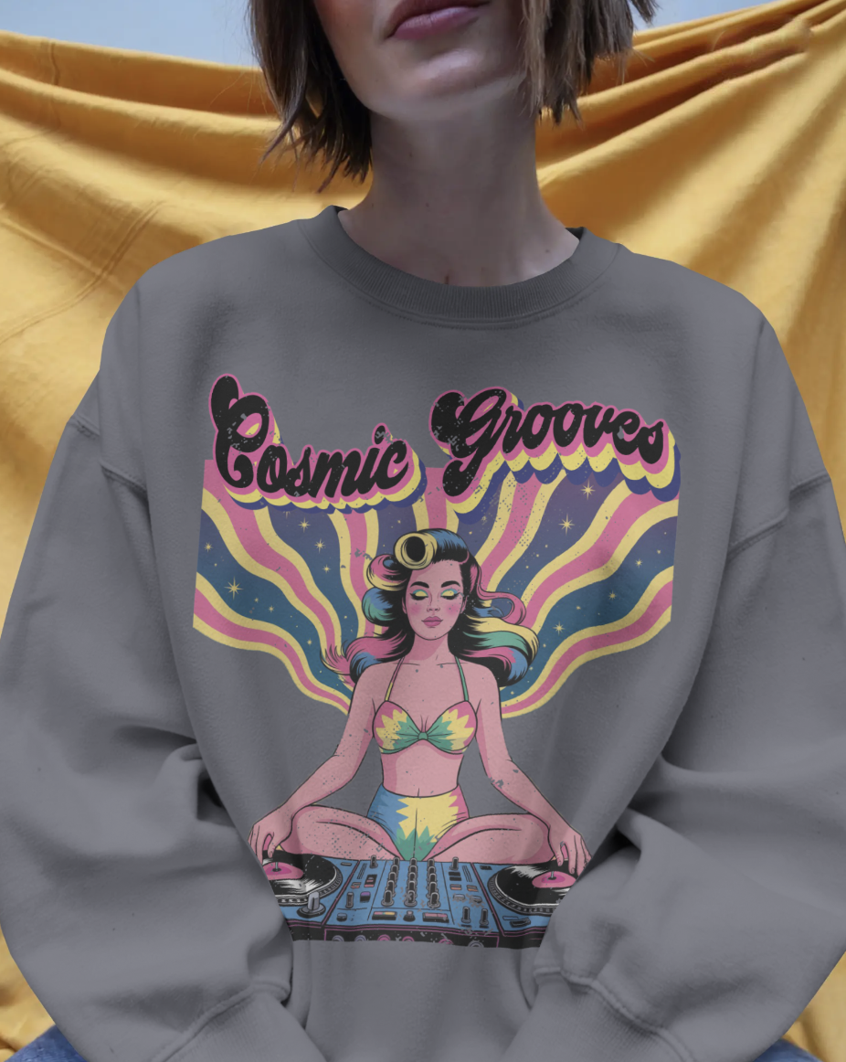 Cosmic Grooves Retro Pinup DJ Sweatshirt – Psychedelic Meditating Rave Apparel