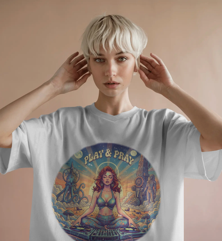Play & Pray Vintage Pinup DJ Tee - Retro Spiritual Rave & Festival Graphic T-Shirt