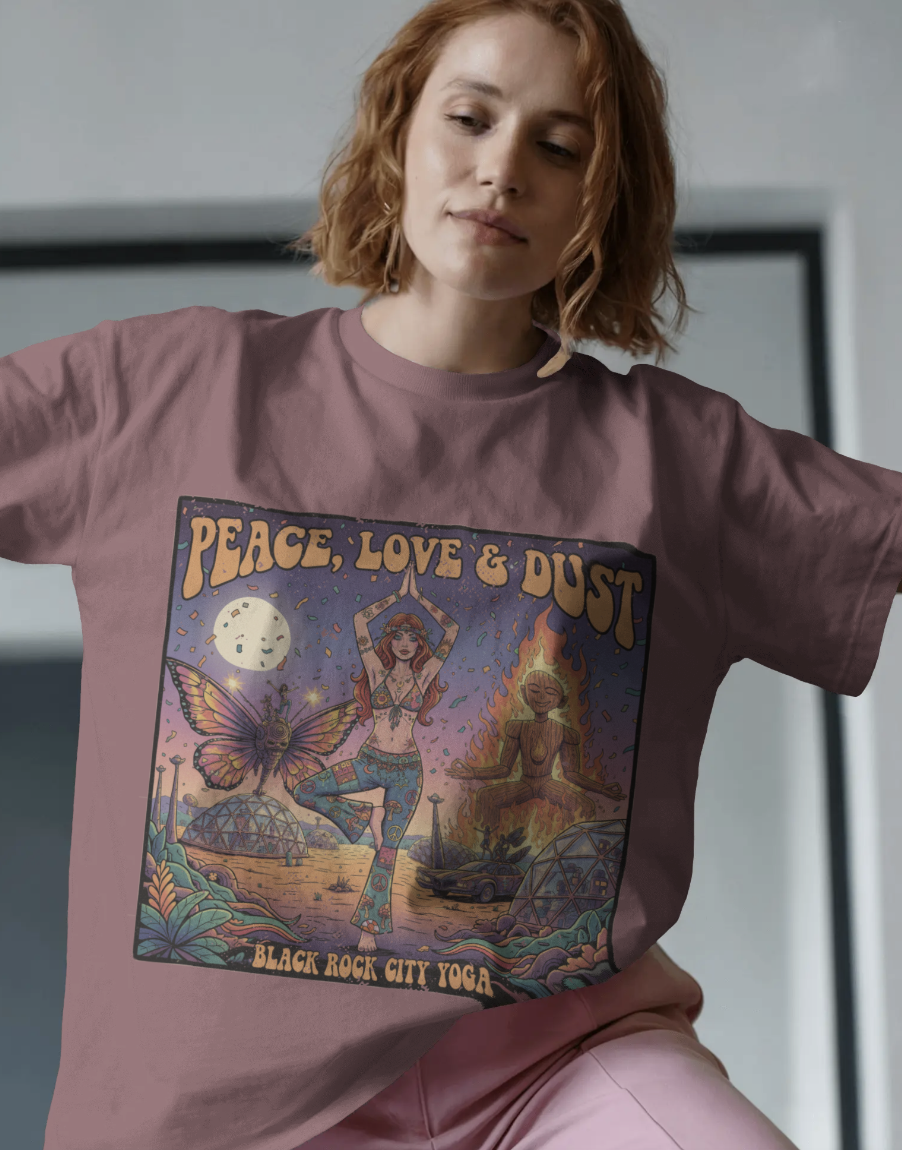 Peace Love & Dust Black Rock City Yoga T-Shirt - Vintage Festival Pinup Graphic Tee