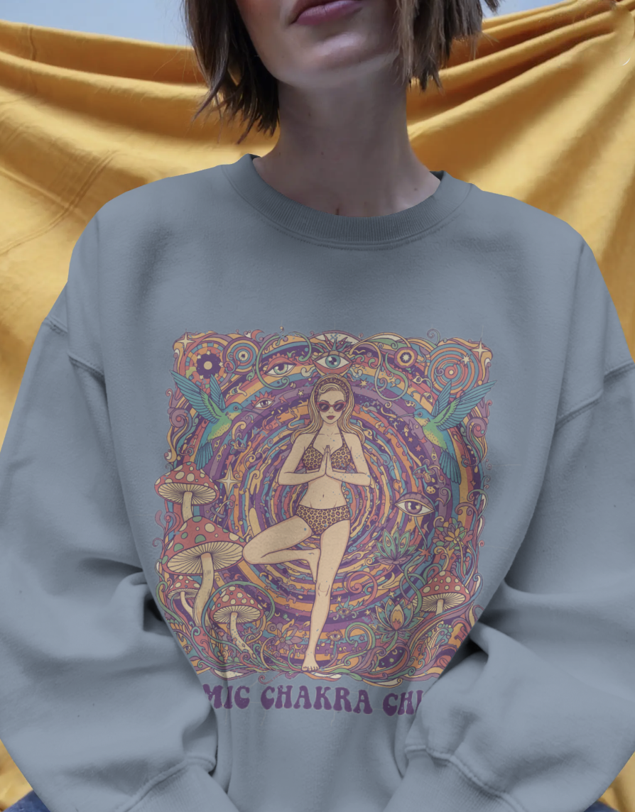 Cosmic Chakra Chill Psychedelic Sweatshirt – Retro Yoga Pinup & Mushroom Art Pullover