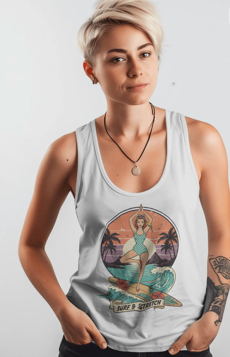 Surf & Stretch Retro Tank Top – Vintage Tropical Beach Yoga Graphic Tee