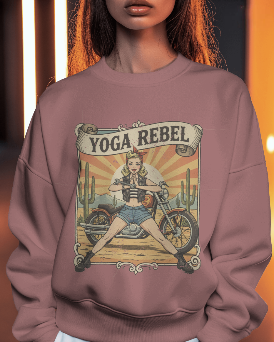 Yoga Rebel Retro Sweatshirt – Vintage Biker Girl Motorcycle Graphic Pullover