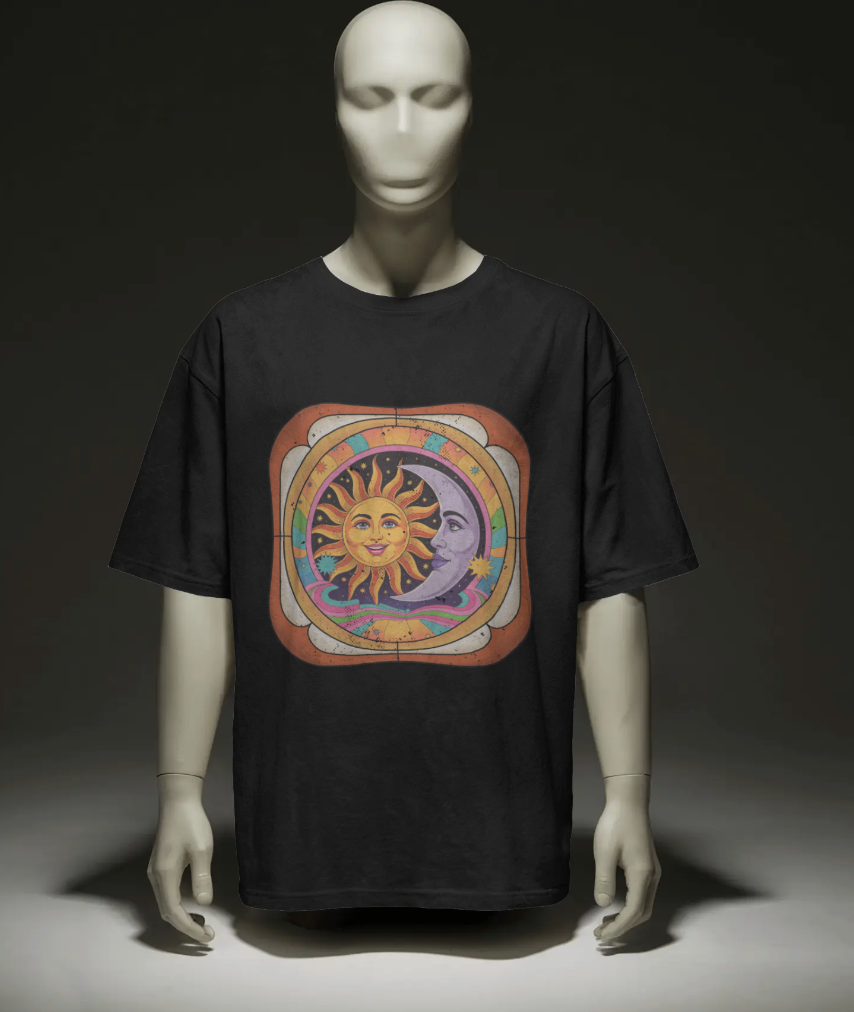 Vintage Sun and Moon Celestial T-Shirt – Retro 70s Astrology Graphic Tee