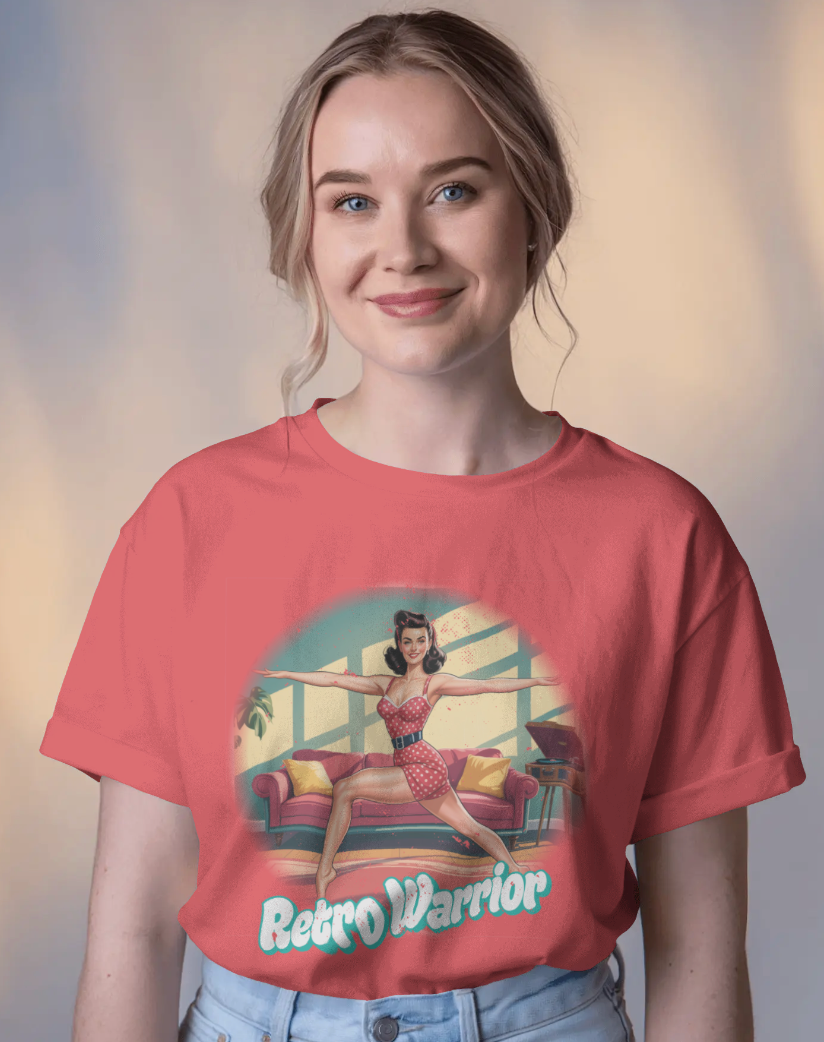 Woman wearing a coral 'Retro Warrior' yoga pin-up graphic t-shirt