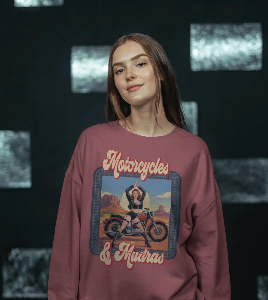 Motorcycles & Mudras Retro Sweatshirt – Vintage Biker Girl Yoga Graphic Pullover