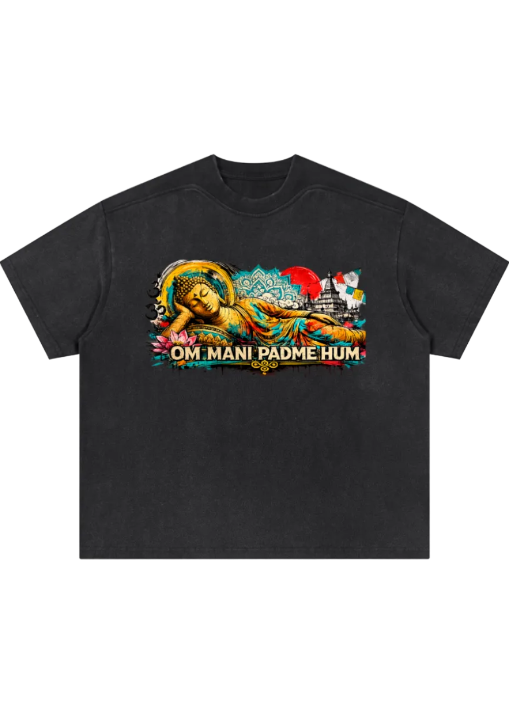 Om Mani Padme Hum Reclining Buddha Graffiti T-Shirt
